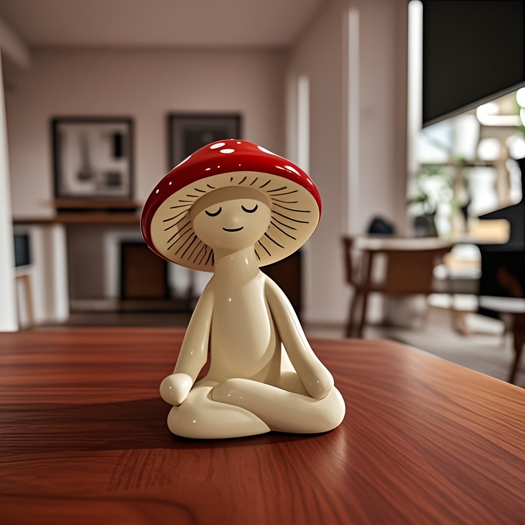 TEMU 1pc Meditation Mushroom Figurine - Minimalist With Red & , Meditation For Home, Office, - Decoration, Modern Japanese Zen Garden Decorations -