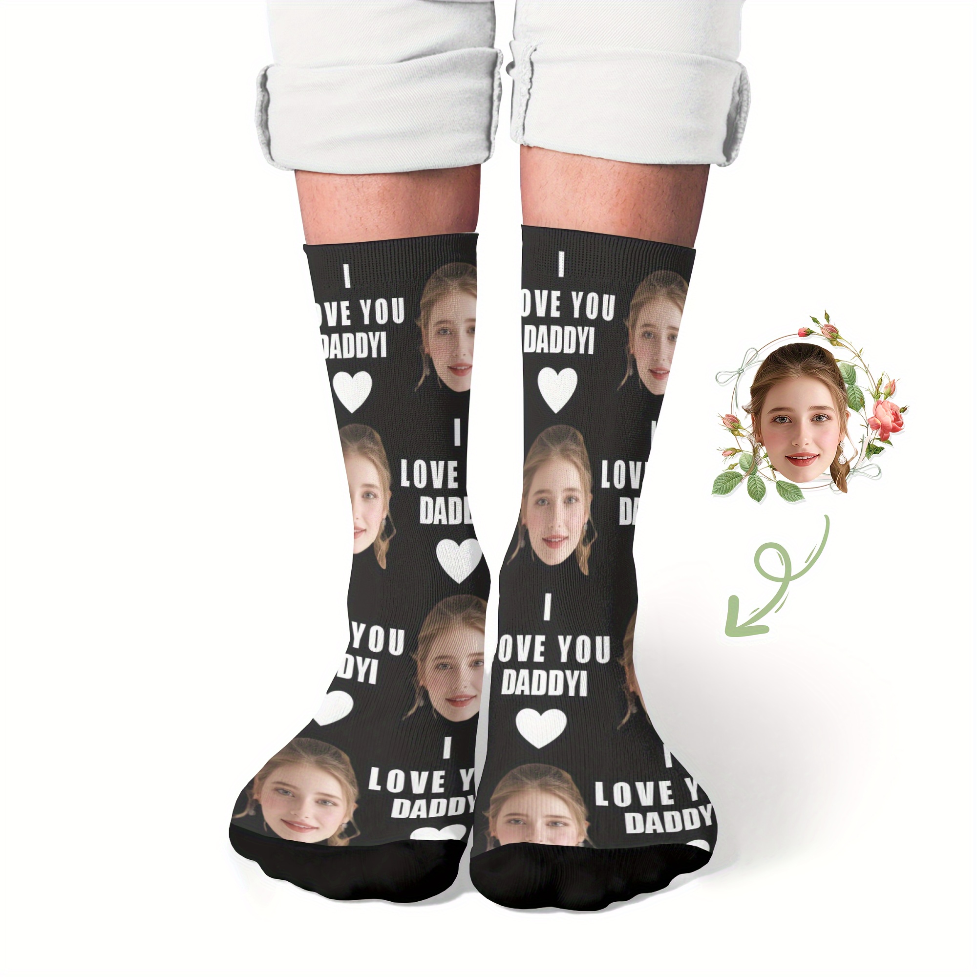 

Personalized "i Love You Daddy" Knee-high Socks - Custom Photo & Text, Black Polyester Knit, Ideal Gift For Him, Hand Wash Only, Gift For Dad|custom Text Socks| Fabric, Cute Socks