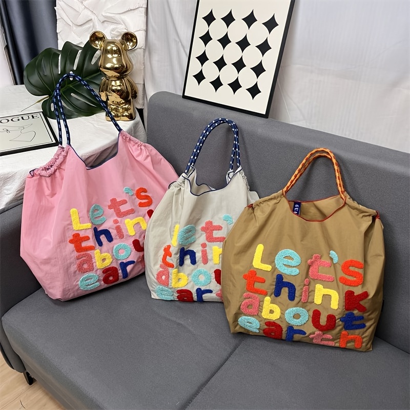 

[ ] Embroidered Letter Pattern Tote Bag - , Shoulder & - In Khaki, ,