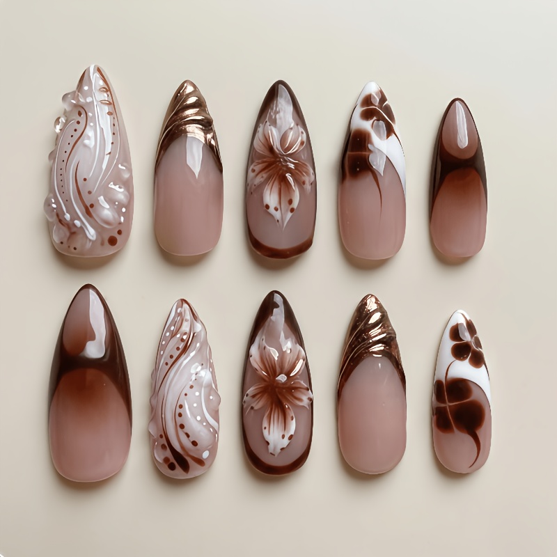 Image of 24pcs Of Milk Nail Art, With Three-dimensional Hand-painting, Delicate Petal Textures And Exquisite Embossed Texture, Exuding An Elegant And Temperament Suitable For Dates And Light Social Occasions