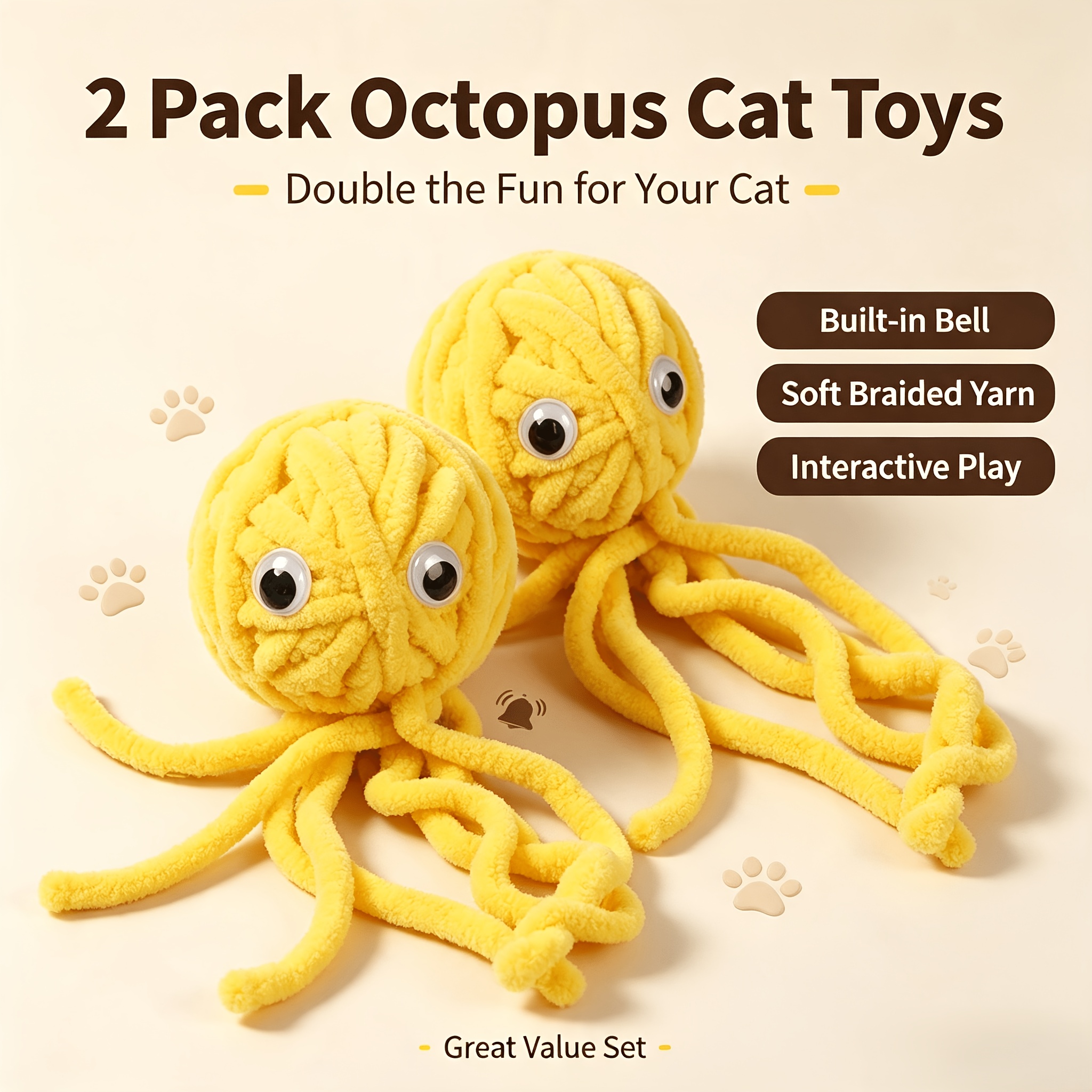 TEMU 2pcs Cute Octopus Shaped Cat Toy With Metal Bell, Durable Braided Yarn Kitten Play Toy, Long Tentacle Design Interactive Pet Toy, Boredom Relief