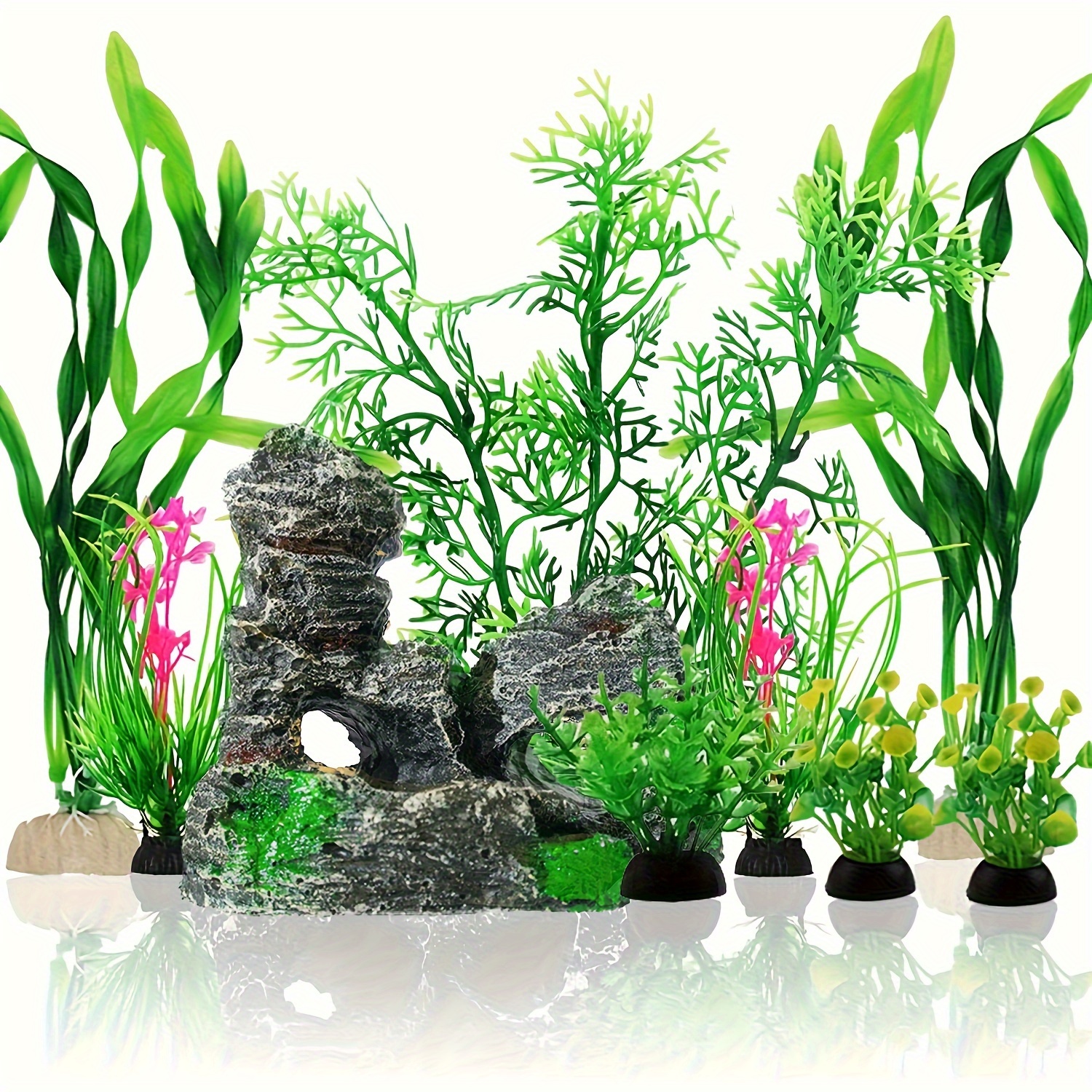 

9pcs Green Fish Tank Decorations, Plants And Cave Rock Decoration Decor Set, Aquarium Decor Of Plastic Plants, Fish Tank Accessories