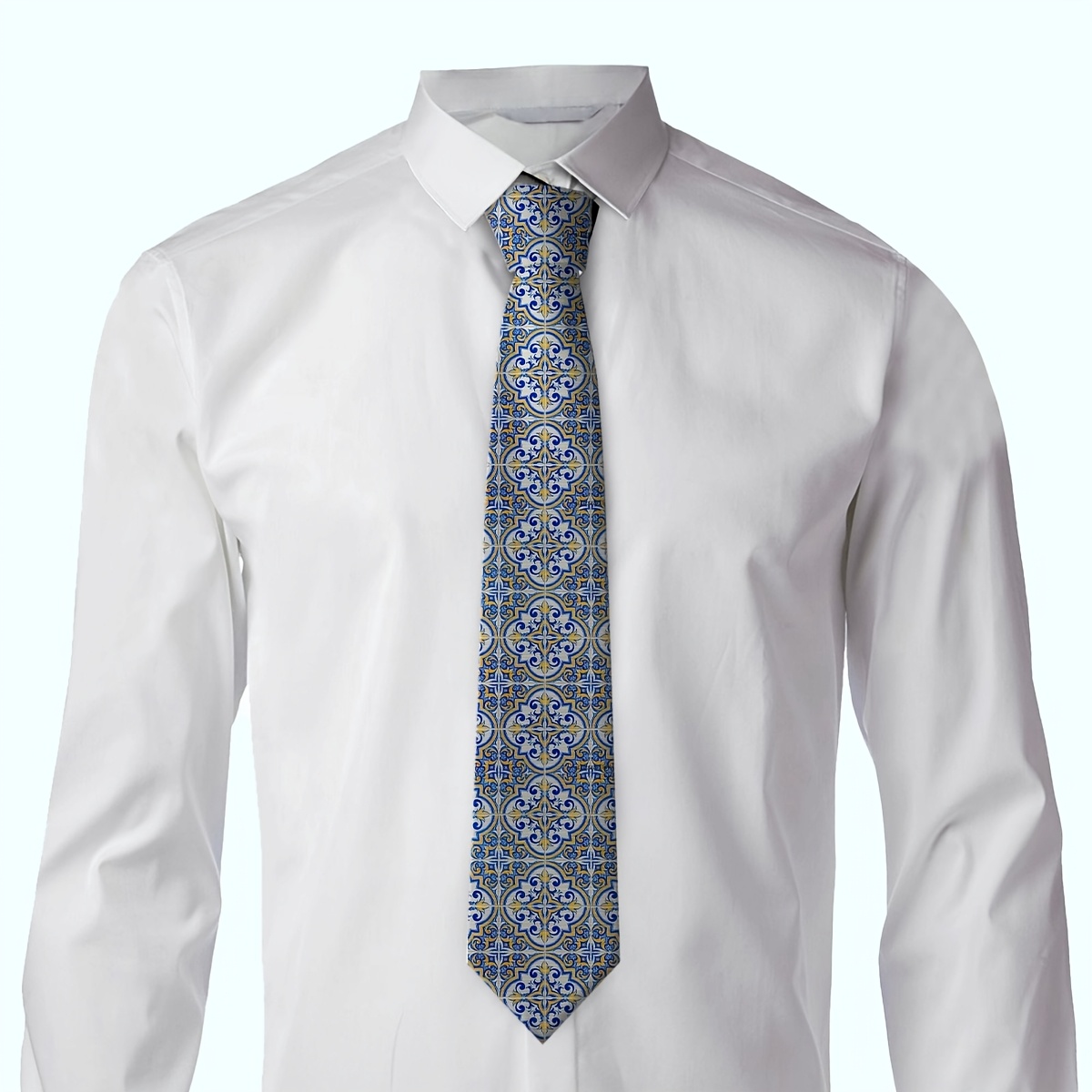 TEMU 1pc, High-quality Men's Necktie, Blue Yellow Floral Tile Decorative Pattern, 100% Polyester Fabric. Perfect Gift For Father's Day, Important