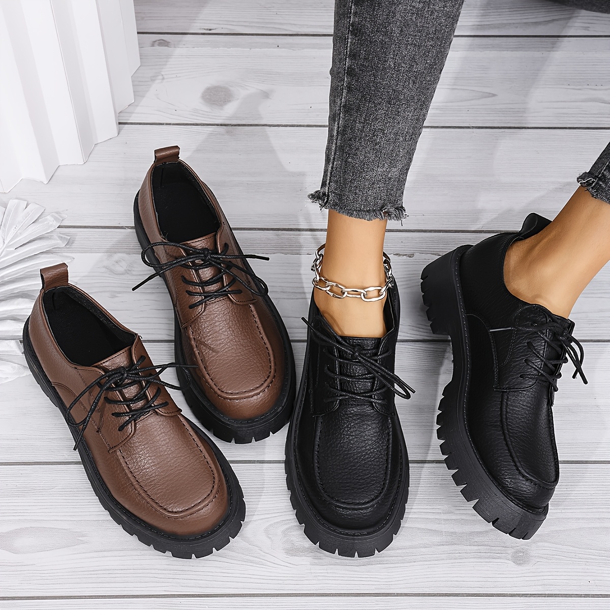 

Women's Loafers With Sole - Autumn/winter, Round Toe Lace-up, Large Size, Pu Cover Upper, Rubber Outsole, Fabric Insole & , High-heeled, Single Shoes