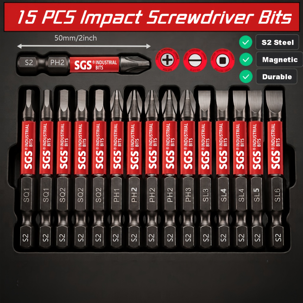 TEMU 15pcs Single-head Impact Bit Set, Flathead Sl, Phillips Ph, Square Sq Multi-specification Combination, 50mm, S2 Heat-treated Steel, Impact