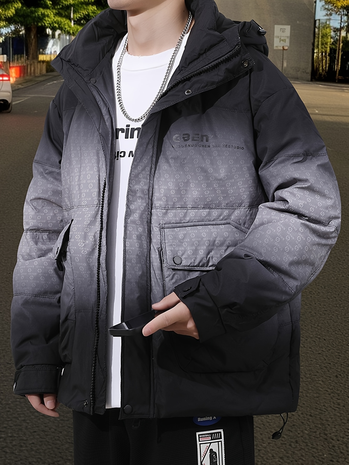 Men's Thick Warm Hooded Down Jacket, Gradient Design