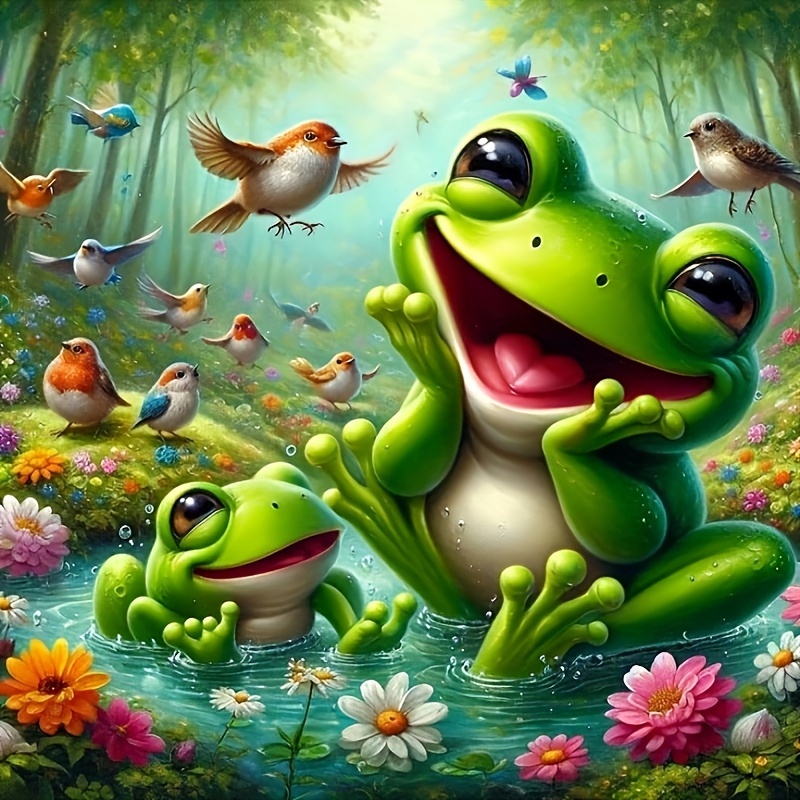 

Diy 5d Diamond Painting Kit For Adults, Happy Frogs Play Theme, Full Drill Diamond Art, Canvas Material, Craft Embroidery Set With Accessories