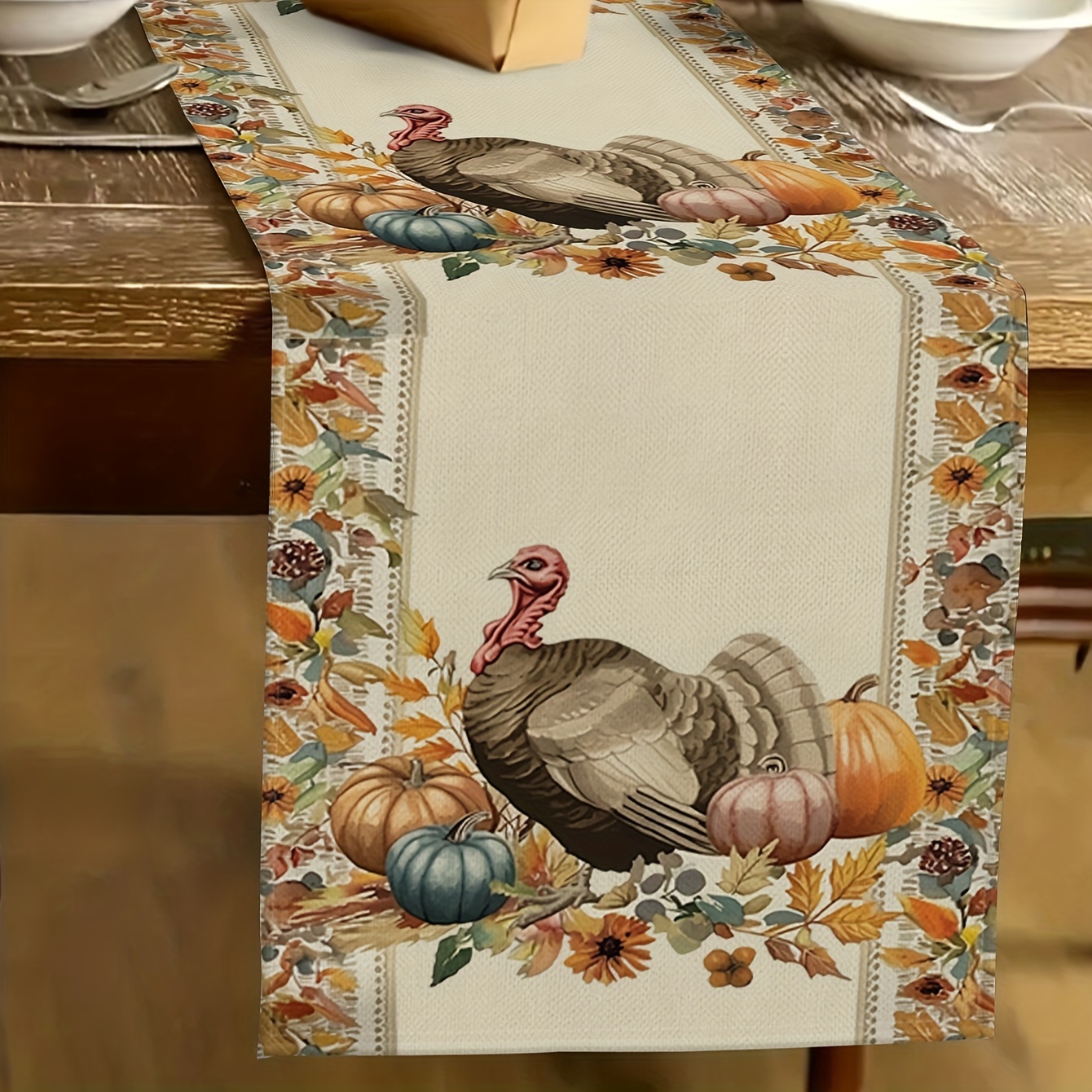 

Thanksgiving Turkey Linen Table Runner - Fall Seasonal Home & Party Decor, Indoor/outdoor Use