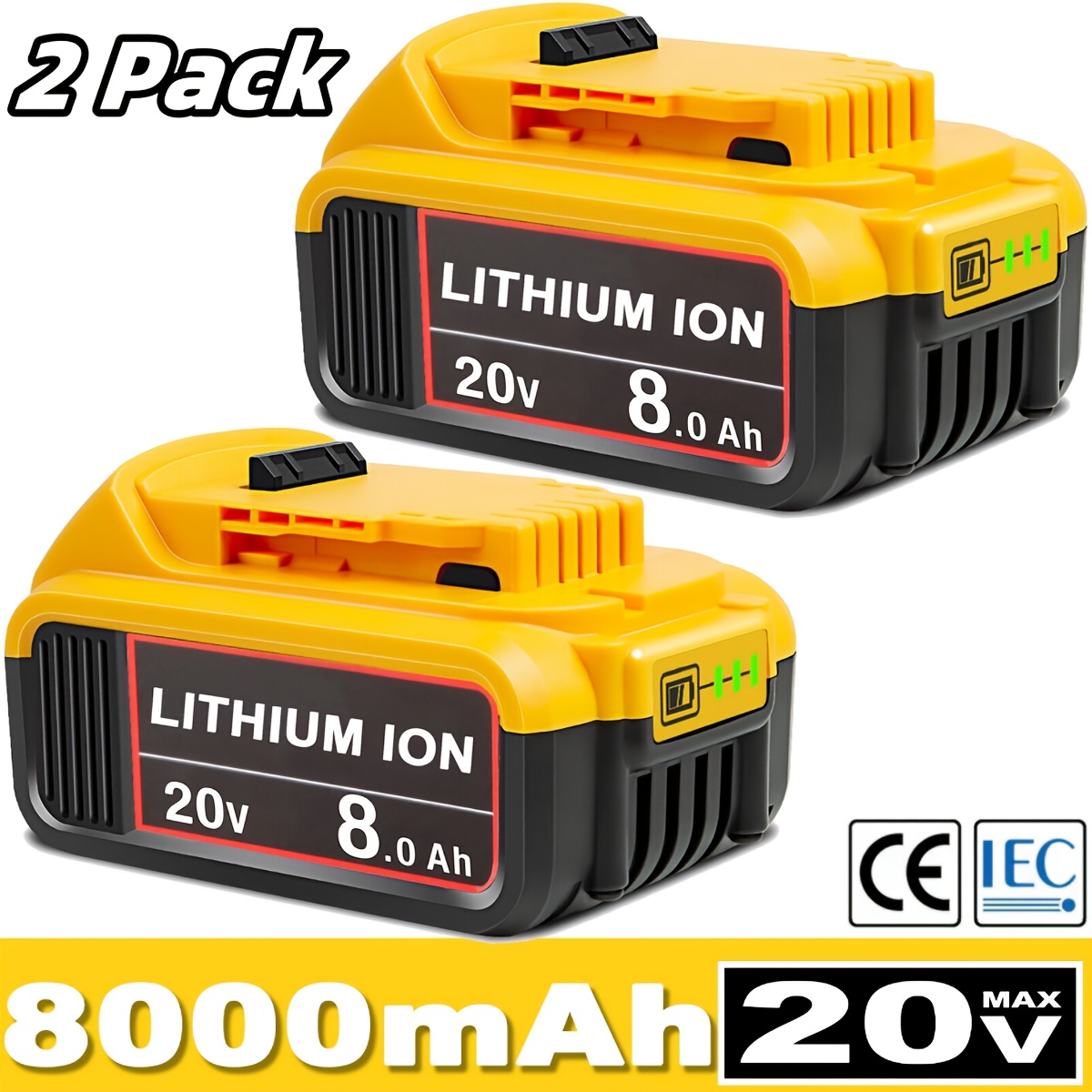 

2pcs 8.0ah 20v Max Lithium , Rechargeable Metal & Plastic Power Tool Batteries Compatible With Dewalt Cordless Tools, Dcb Series