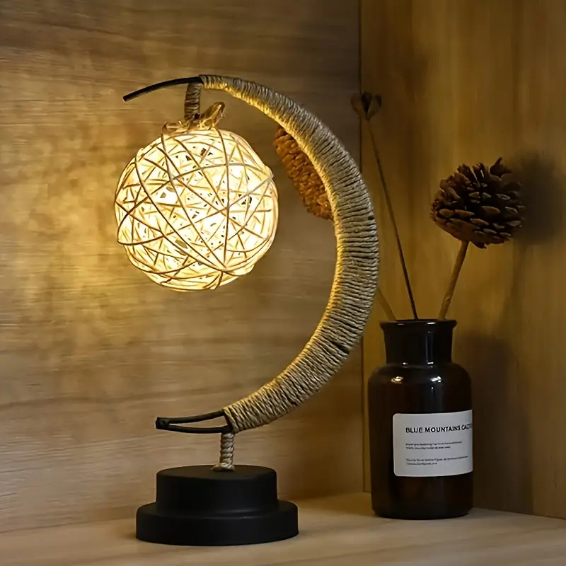 rattan decor led bedside desk lamp usb powered cartoon inspired night light shaped shade polished metal base warm ambient lighting for bedroom living room home decor table lamp for bedroom bedroom lighting metallic Product details 1
