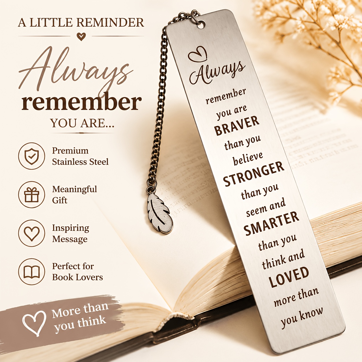 TEMU 1pc Stainless Steel Bookmark '-affirmation English Daily Reading Stationery Non-fading Metal Bookmark Inspirational Personalized Trendy Literary