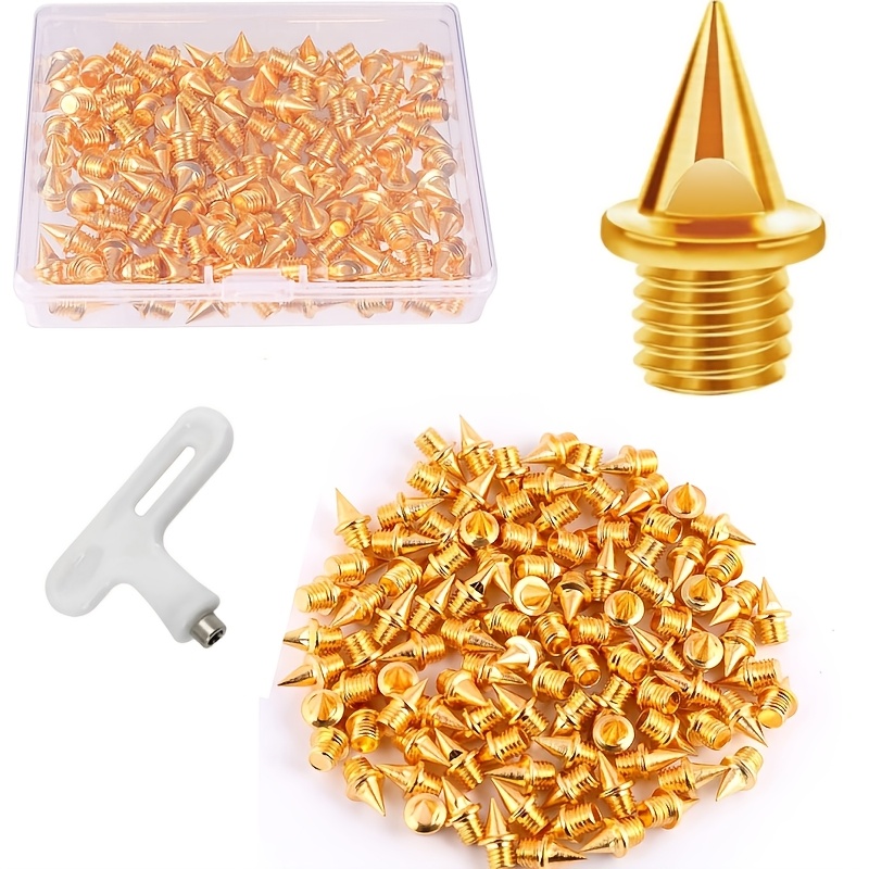 TEMU 100pcs Track Spikes With Wrench - 1/4 Inch Golden Cleats For Sports, Running Shoes, Field Track And Cross Country - Durable Metal Spikes With