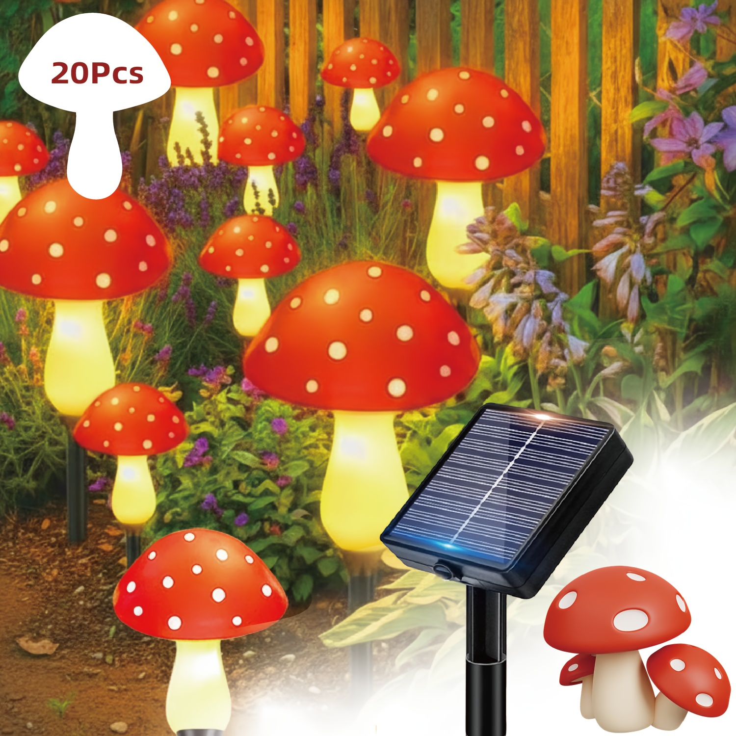 Image of 20pcs Solar Mushroom Lawn Lights, Outdoor Fairy Garden Light String, 10 Lighting , Ground Plug-in, Suitable For Courtyards, , , Lawns, Gardens, Parties, Light Gifts
