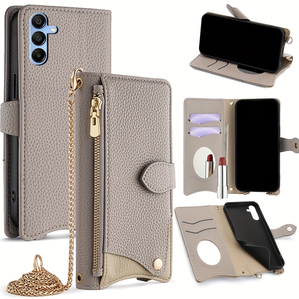 

For A15 A55 A35 4g 5g Phone Case With Card Slot And Makeup Mirror, Fashionable Ladies Crossbody Case With Zipper Wallet