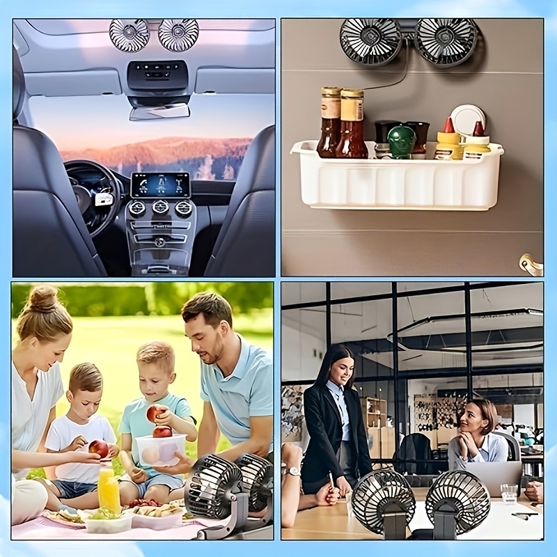 ventilador de coche recargable usb,   ventilación con cabezales giratorios y velocidad ajustable,   instalación. ideal para uso en  , oficinas o  . ventilador portátil pequeño reutilizable   usb. diseño elegante  , construcción   y  .   como   u opción móvil para enfriamiento del vehículo. circulación eficiente al interior del auto 2