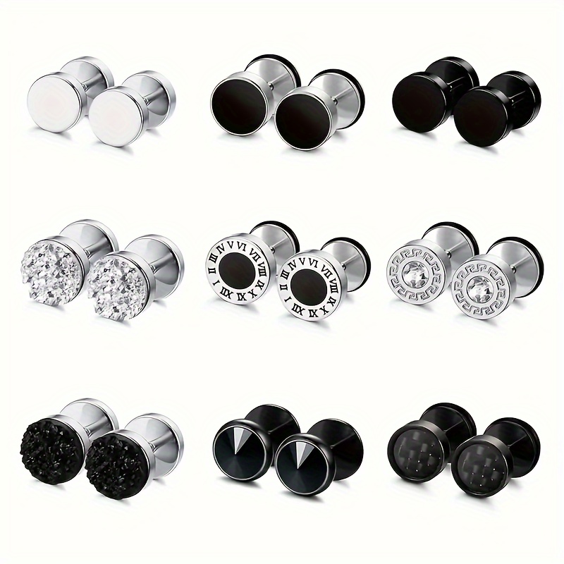 

Boucles D'oreilles Punk Hip-hop En Acier Inoxydable, 9 Paires De Clous Ronds Pour Hommes