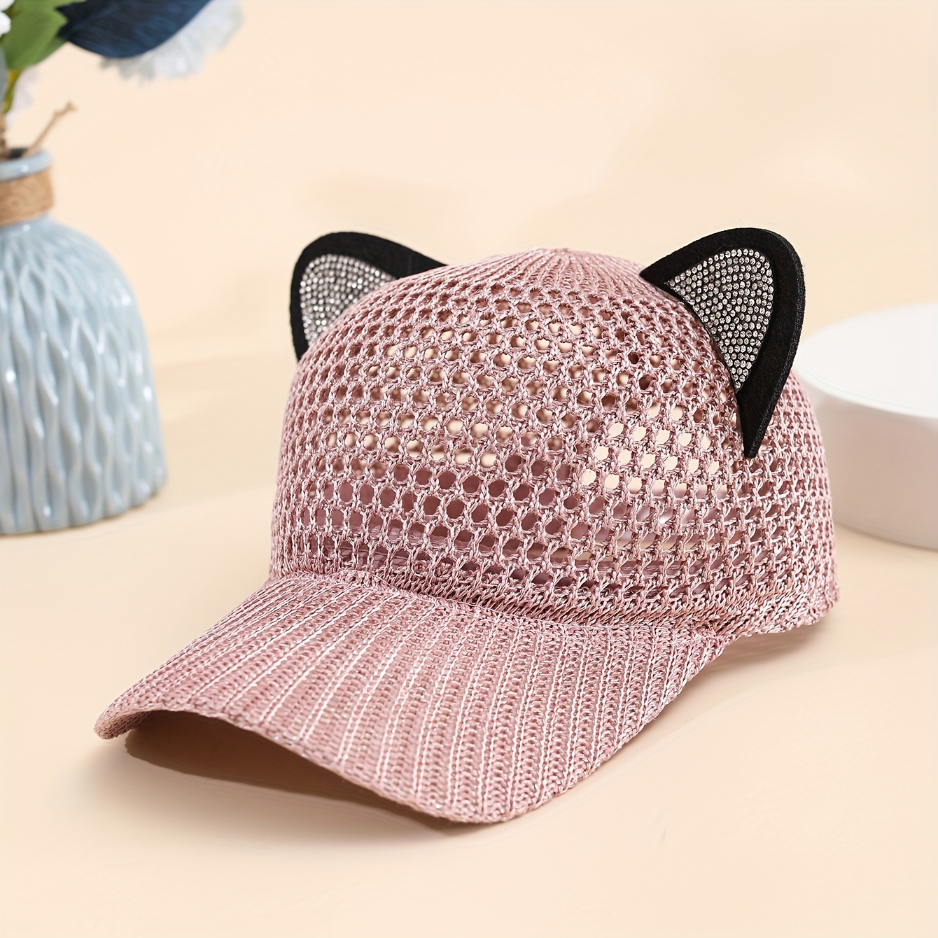 E-shop Mesh Baseballkappe für Damen mit hellen süßen Katzenohren, Sommer dünner Stil, trendige Baseballkappe mit Aussparungen, atmungsaktiver Krempe,