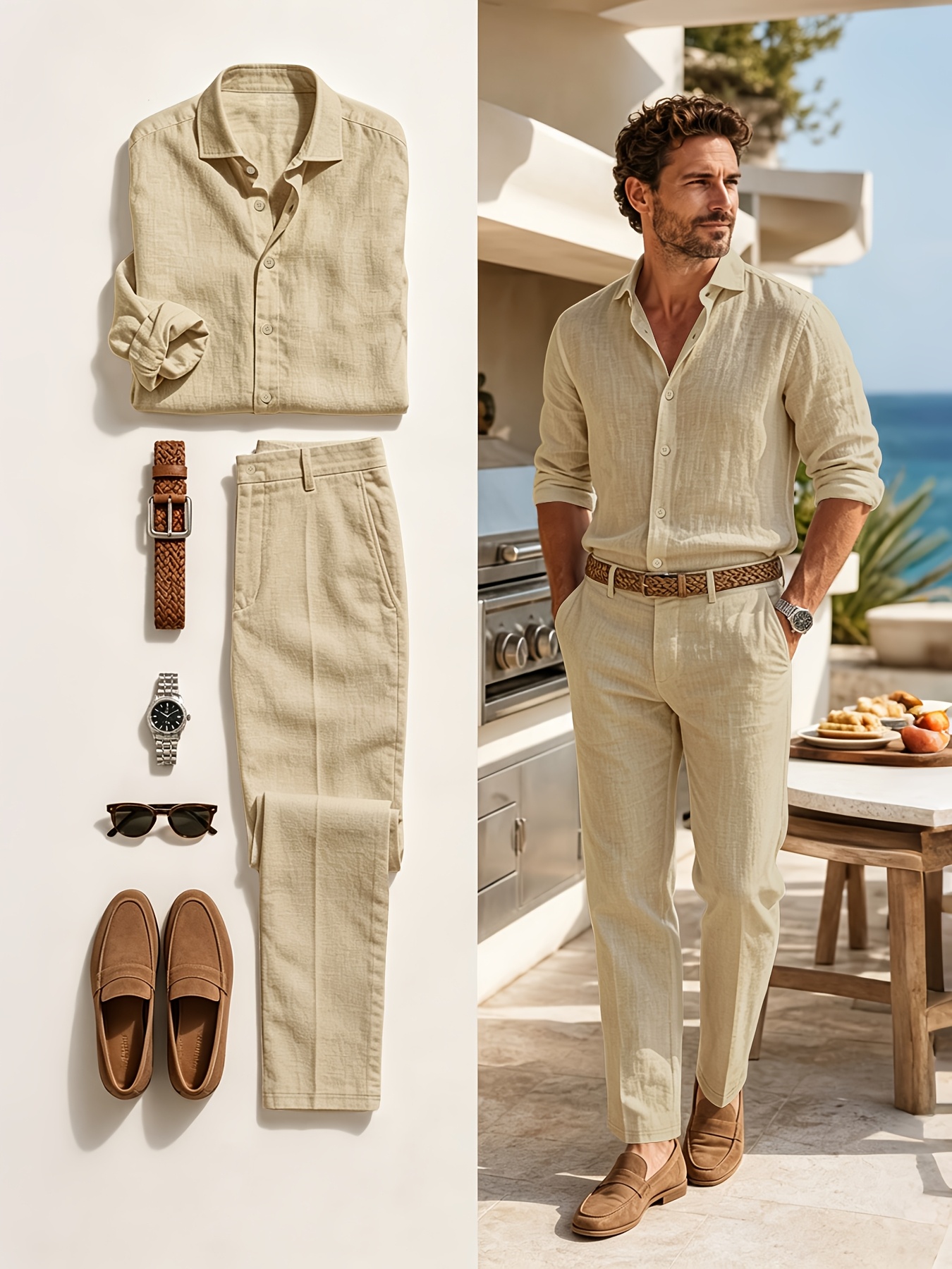 ensemble chemise en lin à col   manches longues mince et pantalon droit pour homme printemps automne nouveau, solide à taille élastique, tendance mode confortable,     sortie sport vacances rue 2 pièces 0