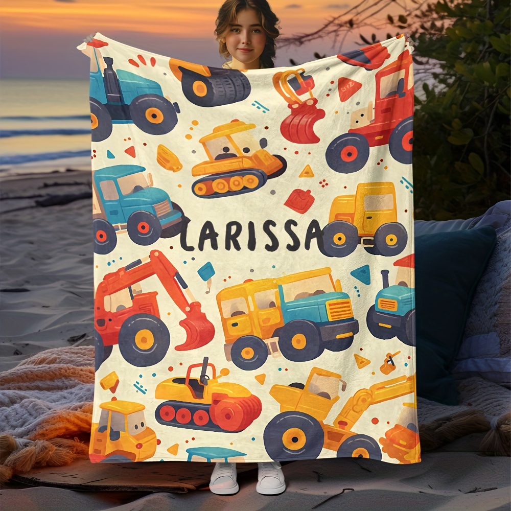 

1pc Custom Name Cartoon Truck Flannel Blanket - , Soft, Warm And Lightweight - Suitable For Sofas, Beds, Travel And Camping - Digital