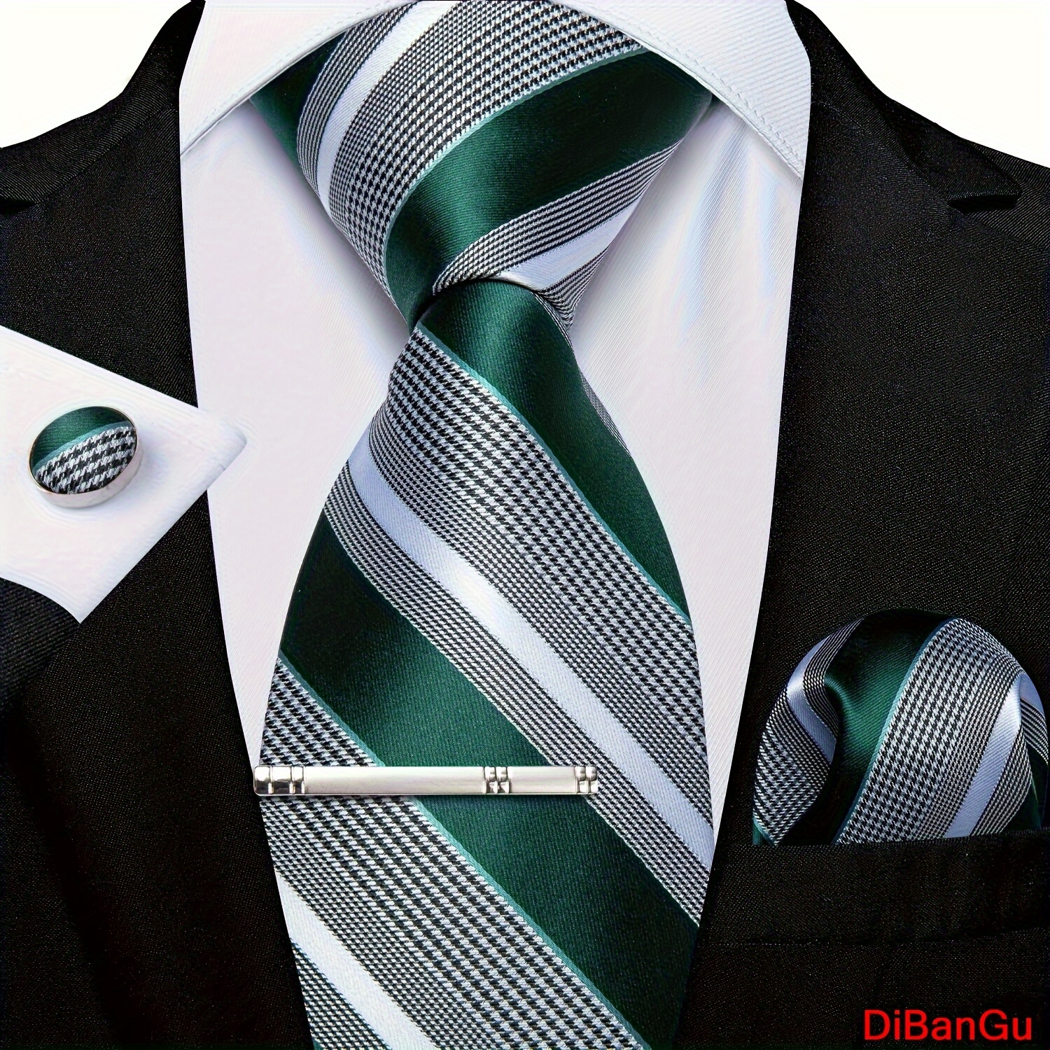 

Green Silvery Striped Necktie & Cufflink & Pocket Square & Tie Clip Set, For Wedding