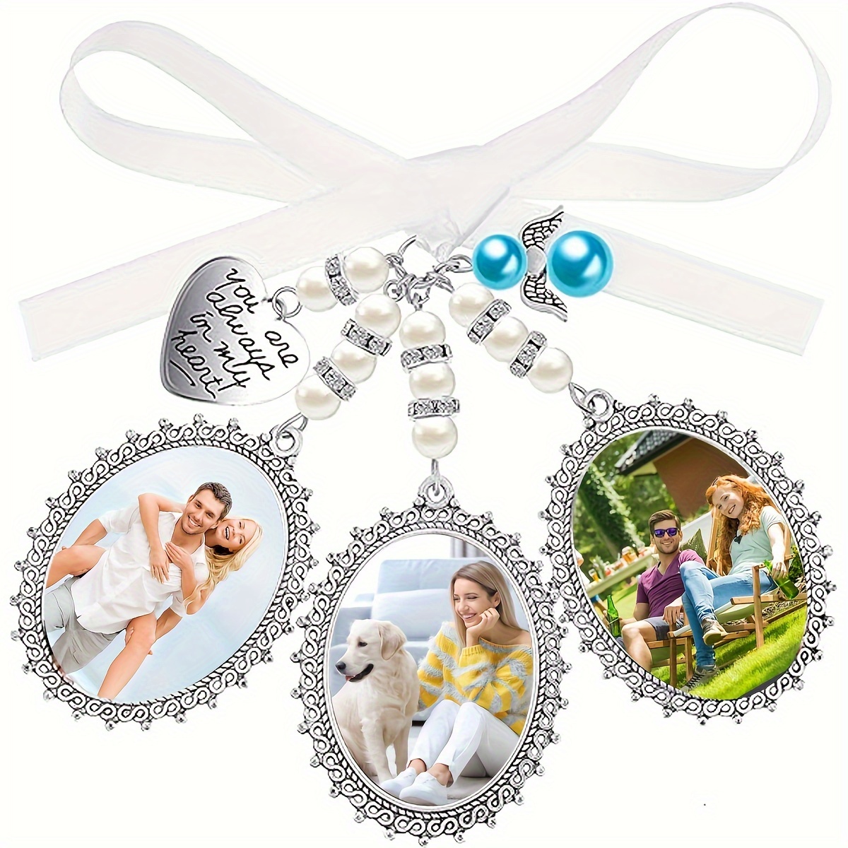 

Set, Wedding Bouquet Photo Charms Wedding Memory Bridal Lace Oval Bridal Pearl Charms You Are Always In My Heart Charms For Bride Party, Wedding, Engagement Decor