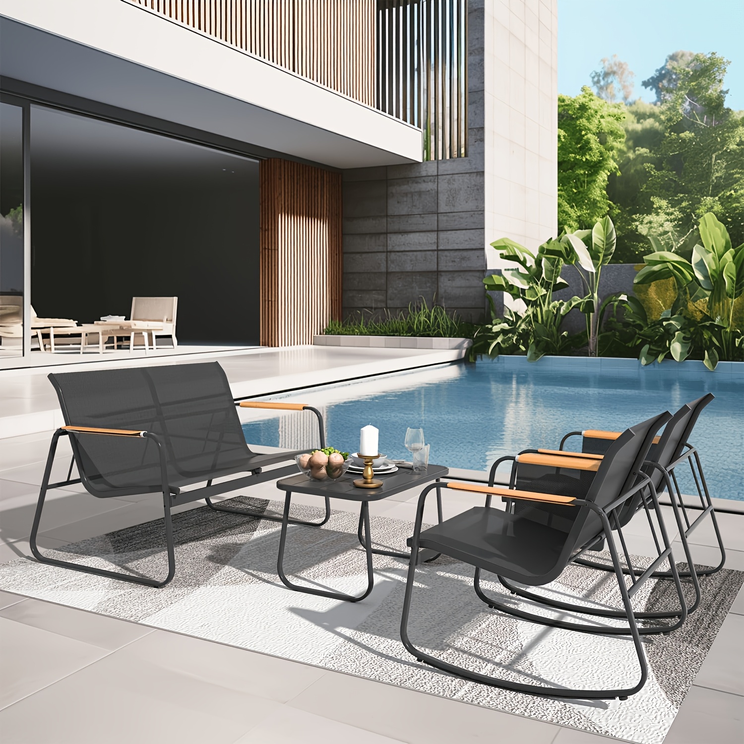 TEMU 4pcs Patio Conversation Set: Breathable Loveseat & Rocking Chairs With Wide Armrests & Side Storage Pockets Includes Coffee Table, Perfect For