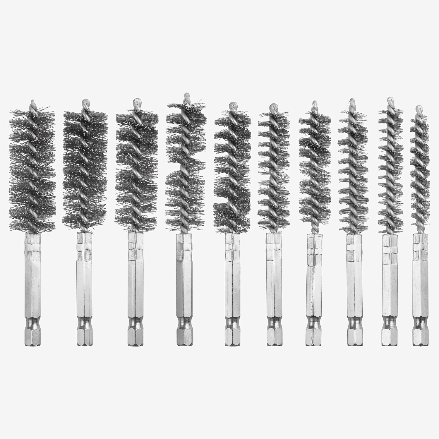 Image of Set Of 10 Drill Bore Brushes, Featuring Wire Brushes Designed For Cleaning, Equipped With 1/4" Hex Shank And Twisted Bristles, Perfect For Power Drills And Built For Durability