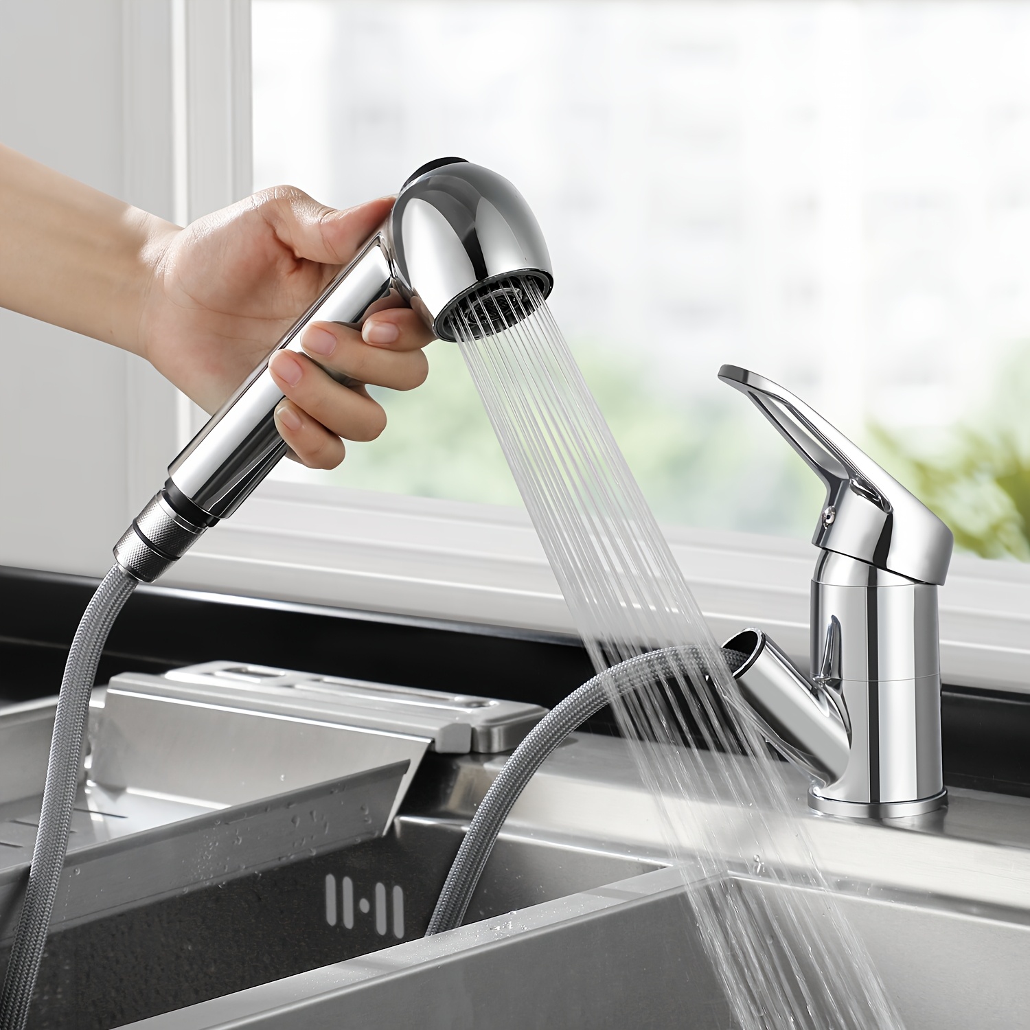 360° Rotating Kitchen Tap, Brass Chrome Mixer With Pull-down Spray, Dual Water Settings, Single Handle For Hot And Cold Water Control