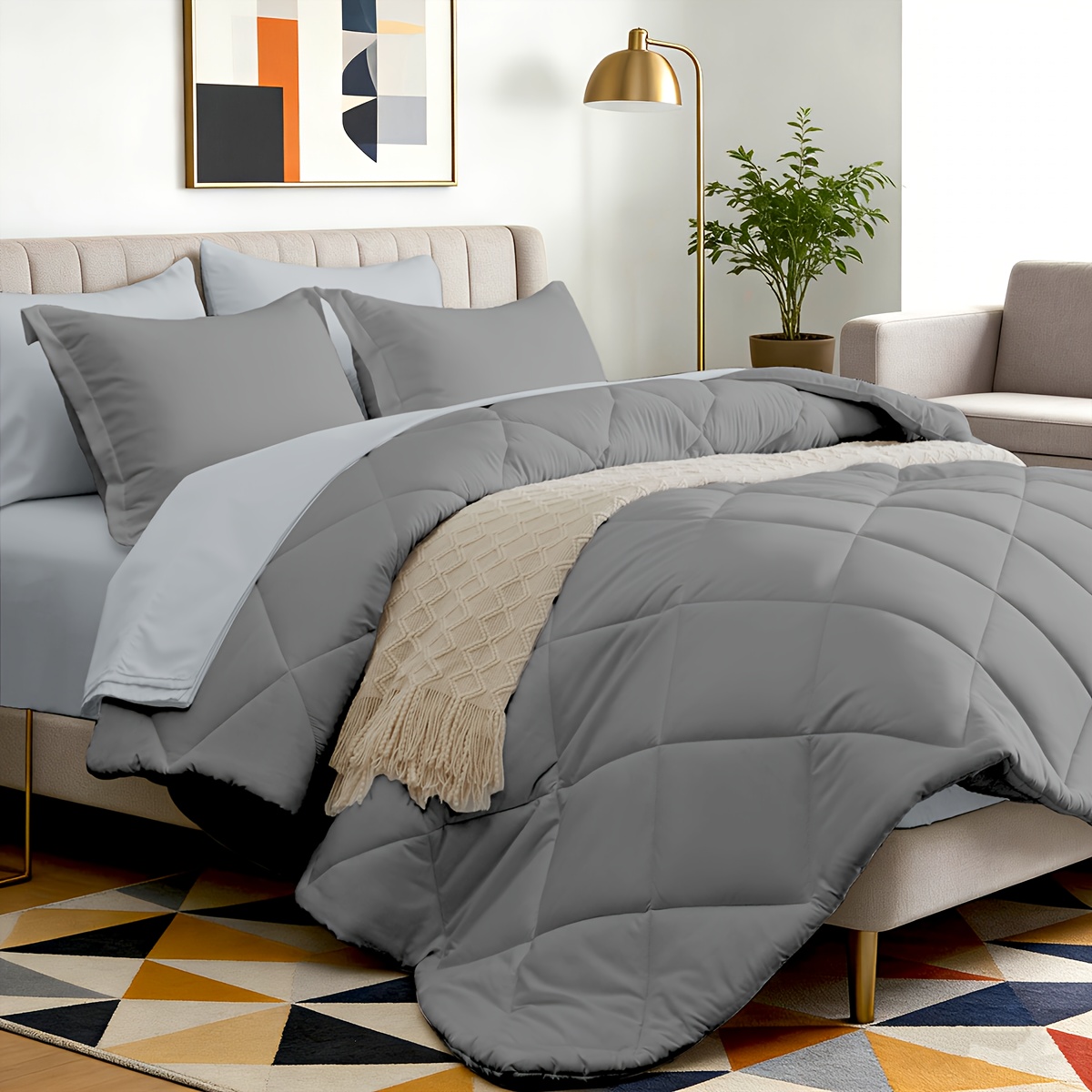 TEMU 5/7pcs Luxurious Double-sided Checked Pattern Comforter Set-breathable-ultra Soft Fluffy Fiber Filling, For -bed In A Bag With Comforter, Flat
