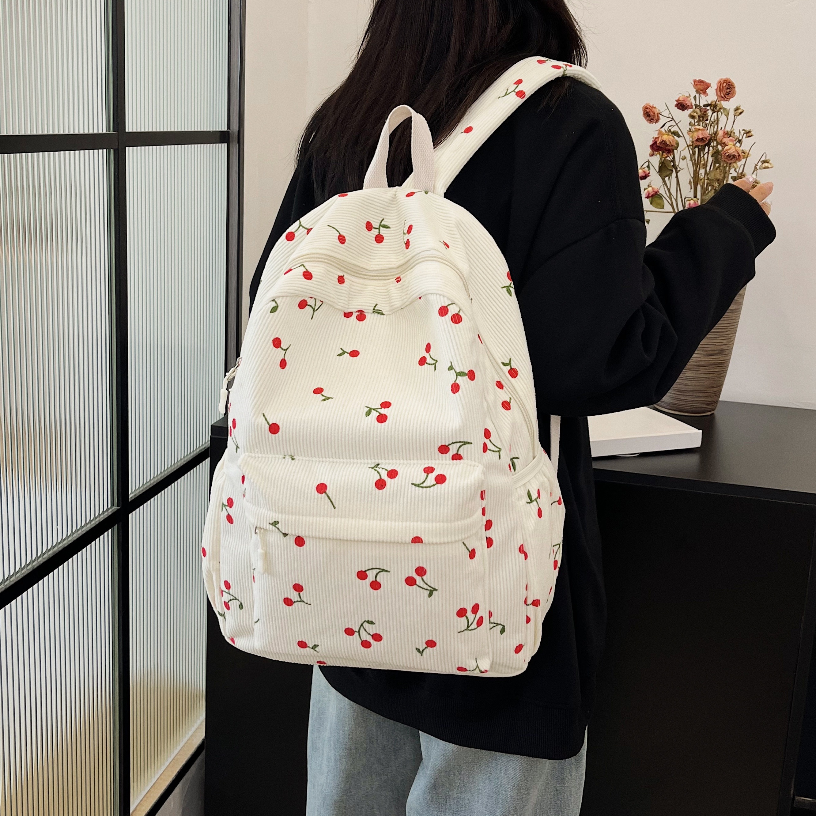 

Cherry Print Corduroy Backpack, Fashionable Large Capacity Women's Schoolbag With Adjustable Straps