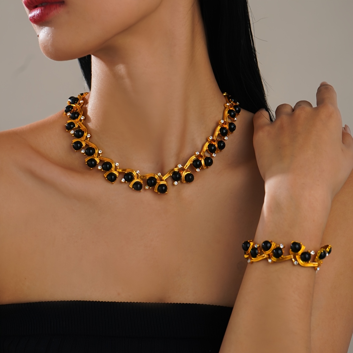 French Vintage Rhinestone Light Necklace Bracelet Set