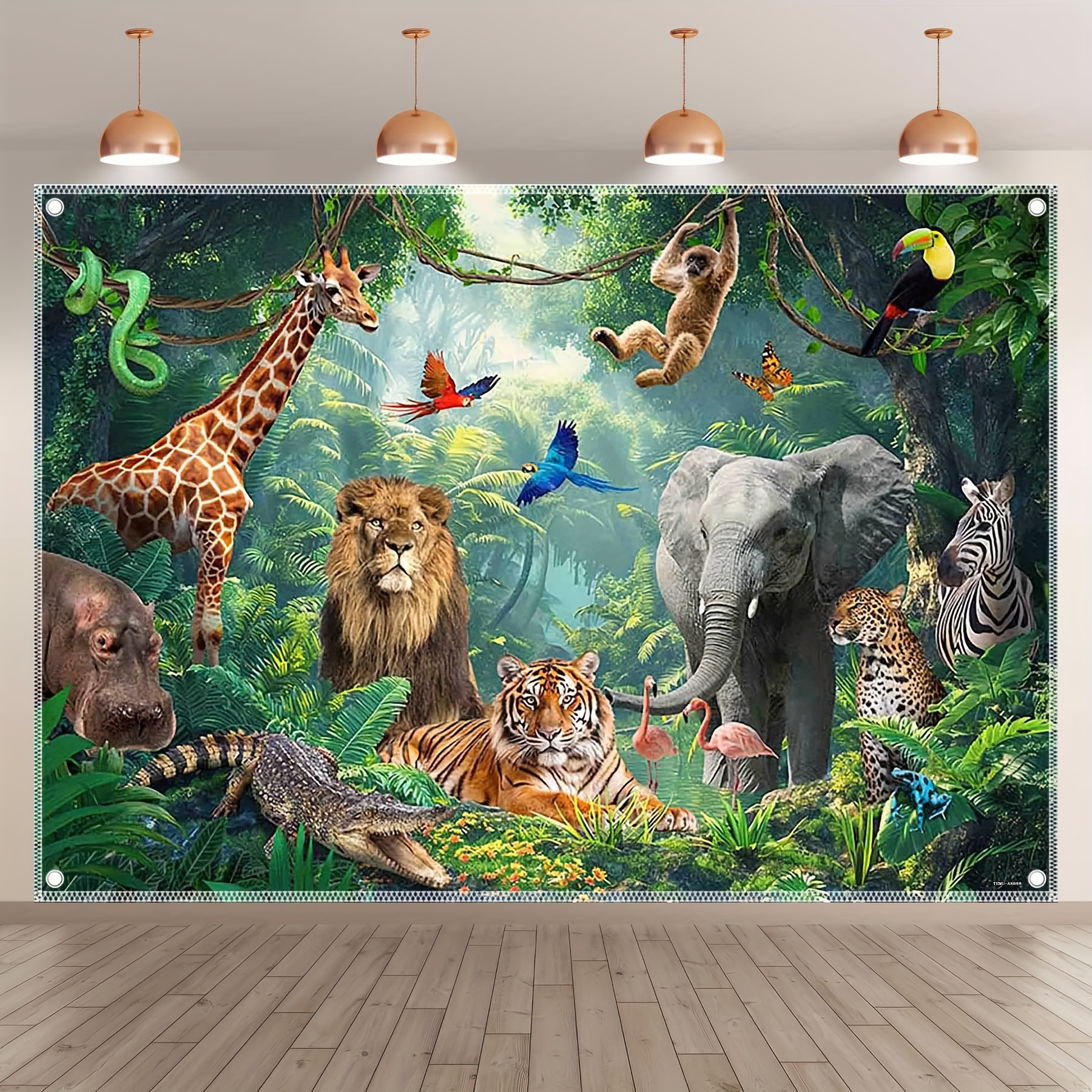 

Vibrant 80g Polyester Jungle Adventure Backdrop: Featuring Tigers, , Elephants, Giraffes, And Zebras - Perfect For Photography And Parties