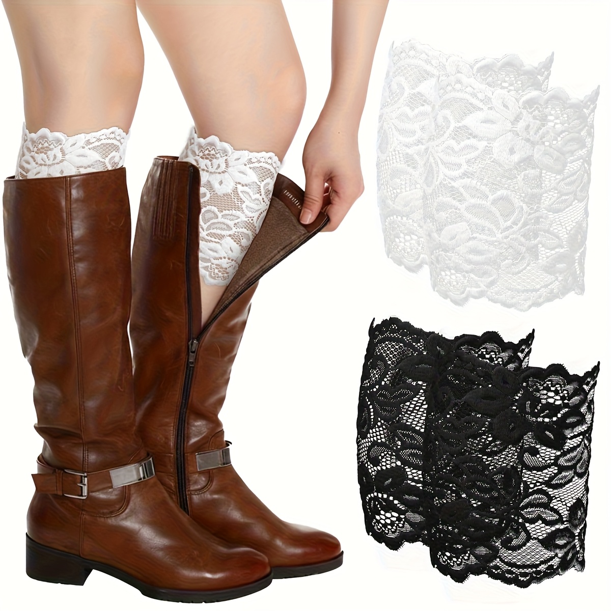 TEMU 2 di Eleganti Polsini in Pizzo per da Donna - Calzini Elasticizzati in Pizzo per Scaldare le Gambe, Topper per Polsini ( & )