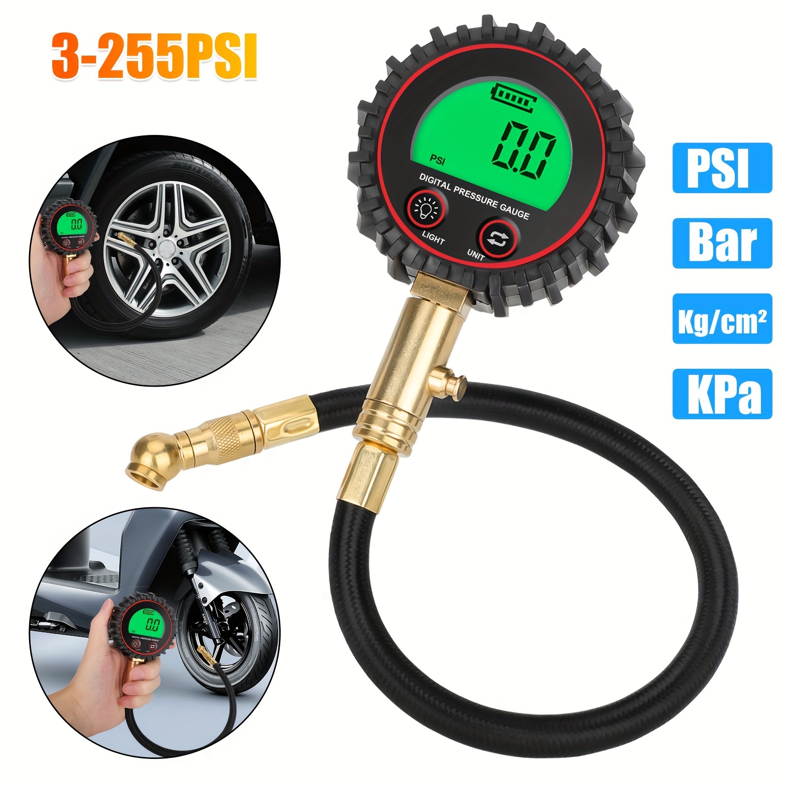 

Digital Air Pressure Tire Gauge, 3-255 Psi Lcd Digital Tire Inflator, Universal For Car, Motorcycle, Suv, Bike