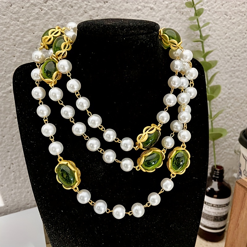 

Elegant Green Gemstone And White Pearl Layered Necklace - Vintage-inspired Party Jewelry Accessory For Festivals And Special Occasions