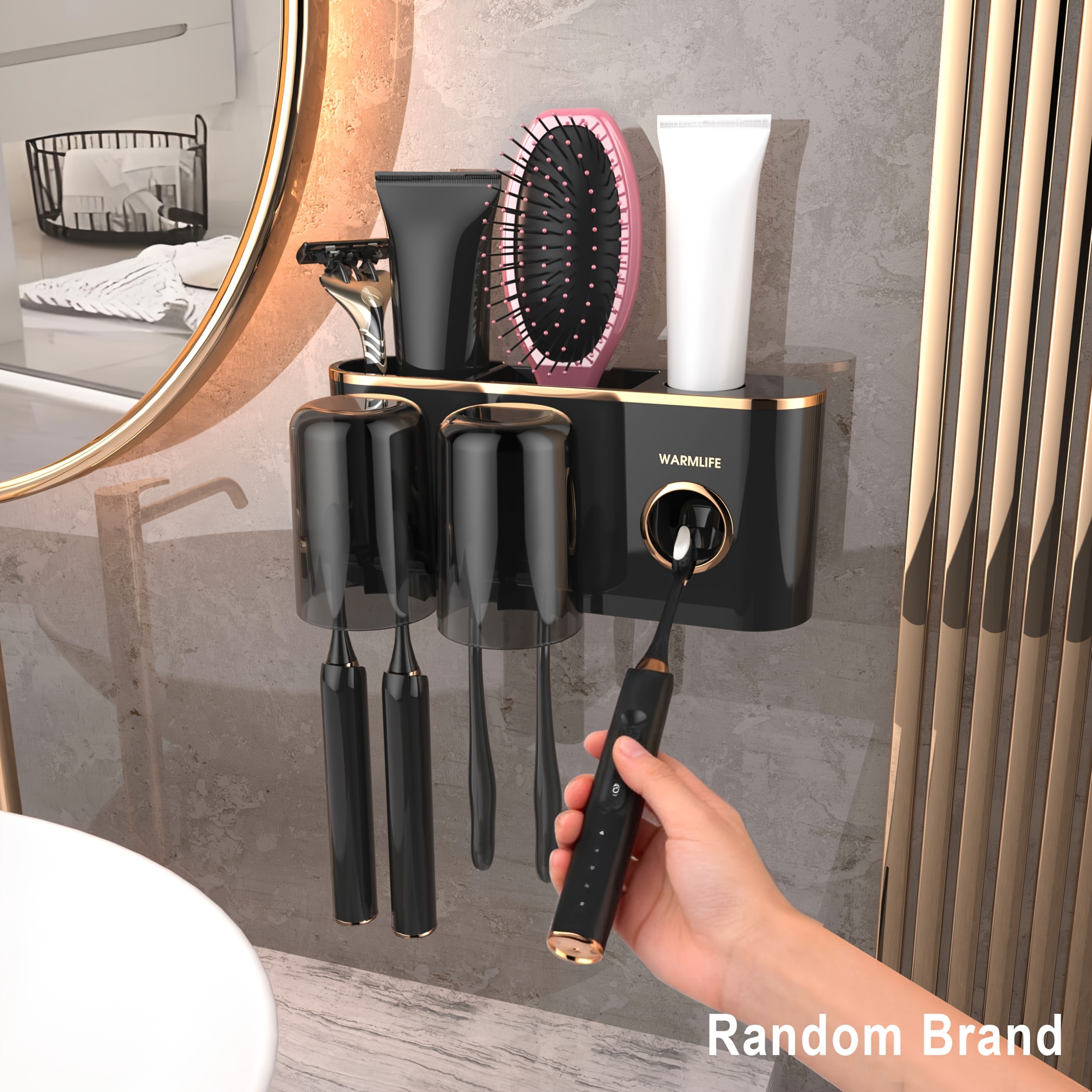 Toothbrush Holders Bathroom Accessories With Toothpaste Dispenser, 2/3/4 Cups Toothbrush Holder Wall Mounted Bathroom Decor, Random Brand