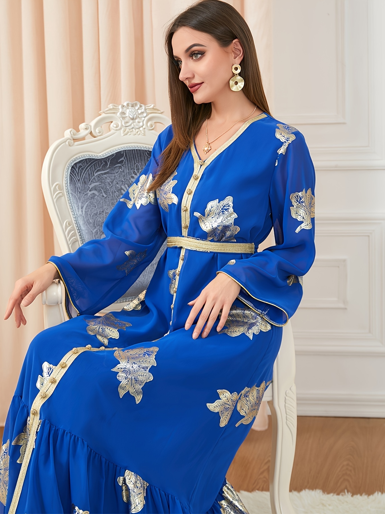 blue moroccan dress Blue sequined tulle Kaftan with silk lining