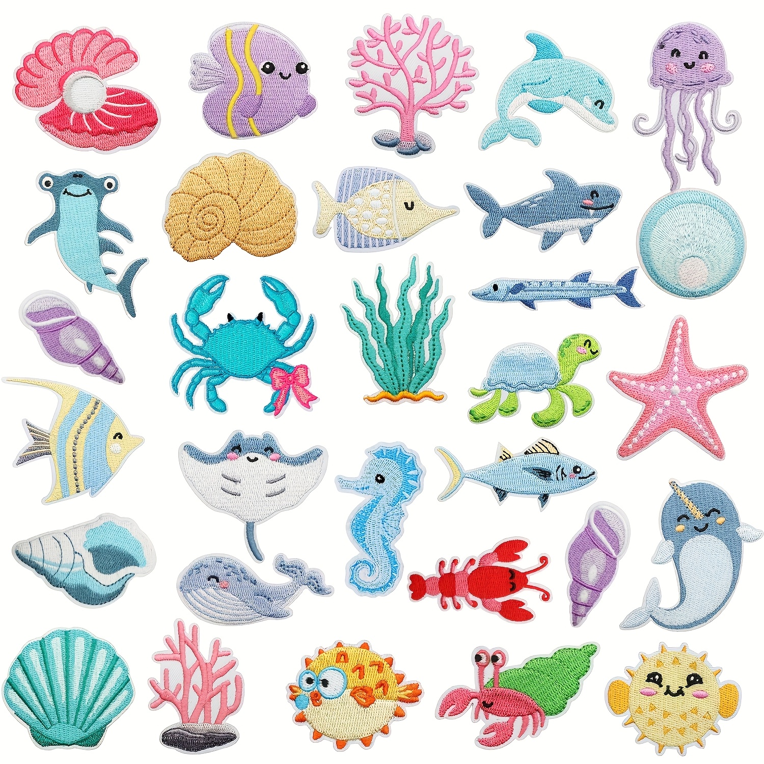 TEMU 30pcs Creative Embroidered Patches - Shark, Dolphin, Jellyfish, Fish, Turtle, Starfish. For Decoration On Bags, Hats And Clothing