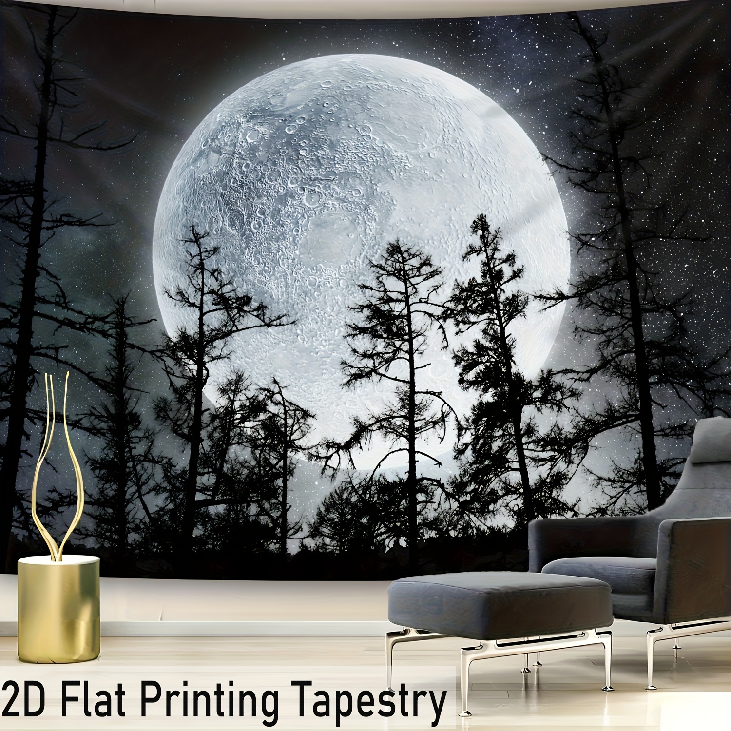 TEMU Plat 2D, [Impression Plate 2D] 1 pièce - Très Grande Taille - de Nuit Forêt Noire et Blanche - Impression Numérique HD sur Tapisserie Géante -
