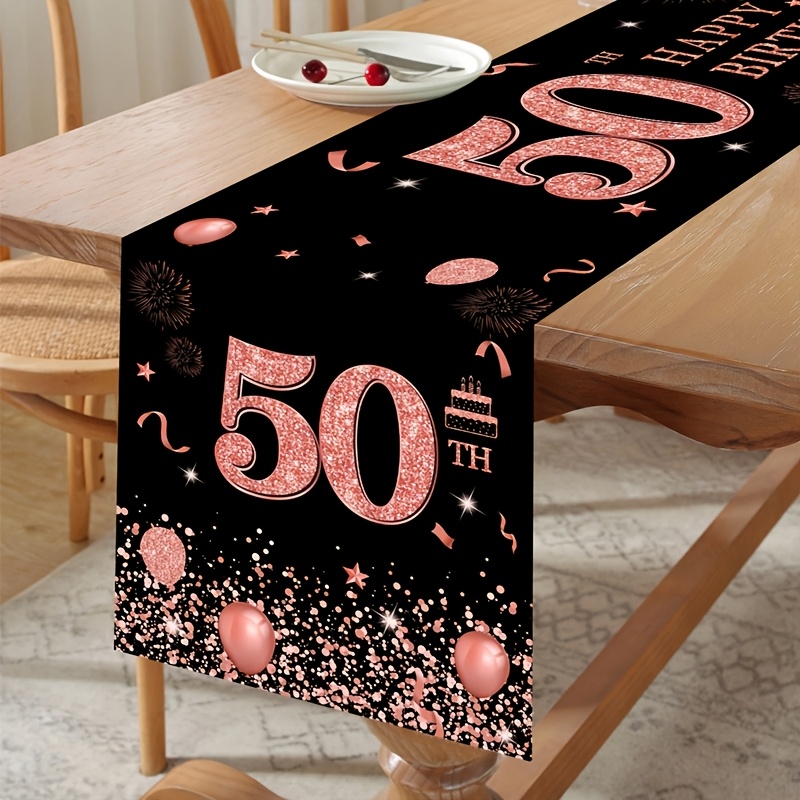 

1pc Elegant 50th Birthday Table Runner - 71"x14" Polyester, Featuring Glittery '50' Design With Balloons & Fireworks, Ideal For Adult Birthday Party , Birthday Decor