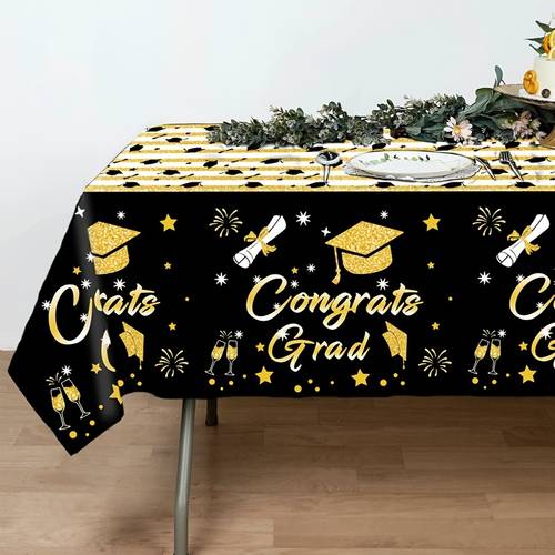 1pc congrats grad black golden tablecloth 220 130cm graduation congratulations stripe pattern disposable pe tablecover graduation season party decoration celebrating graduation party supplies celebrating graduation party tablecovers