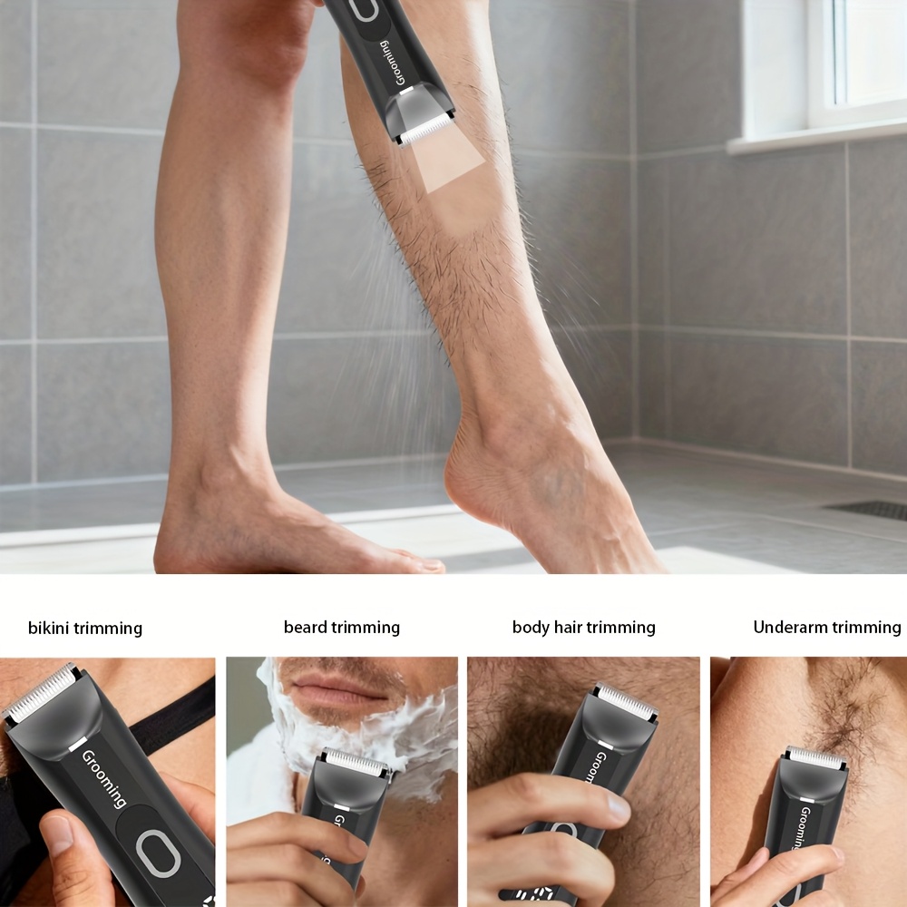 Water-resistant Men's body hair trimmer & shaver, LCD screen LED light, Men's groin and bikini electric ball shaver, with replaceable ceramic blades, 4-size protective cover, 2-speed shaver, suitable for beauticians, Xmas and Black Friday gifts