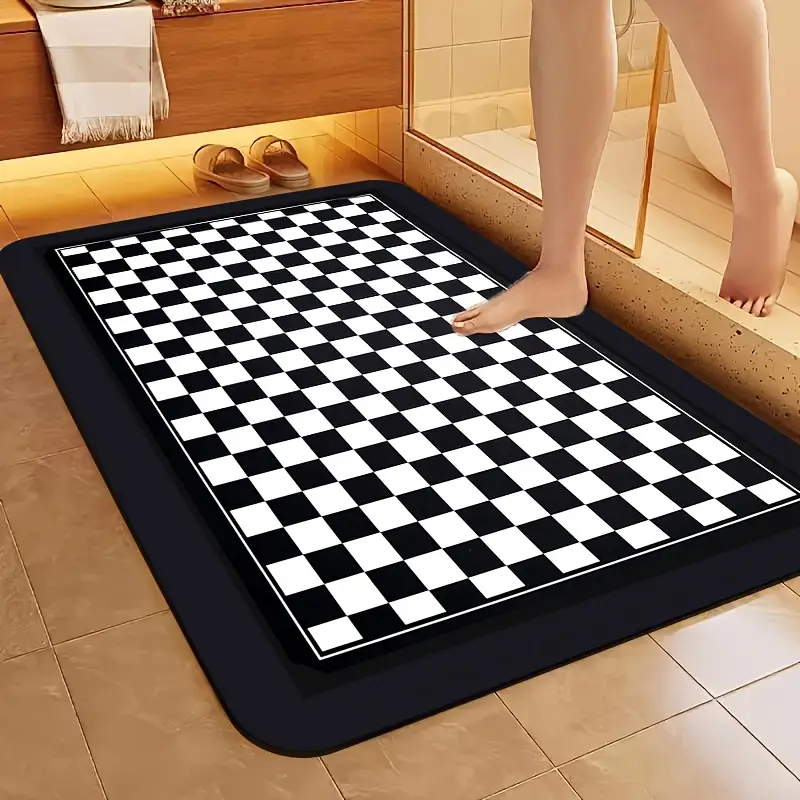 1pc diatomite bath mat with black and white checkered print pattern quick dry non slip absorbent floor mat soft comfortable for bathroom shower laundry room bedroom doorway rv kitchen rug bathroom rugs non slip bathtub mat bath matts for bathroom small bath mat rug bathroom doorway rug shower mat geometric pattern stylish floor rug material durable rubber backing nonslip rug floor rug household rugs mats Product details 1