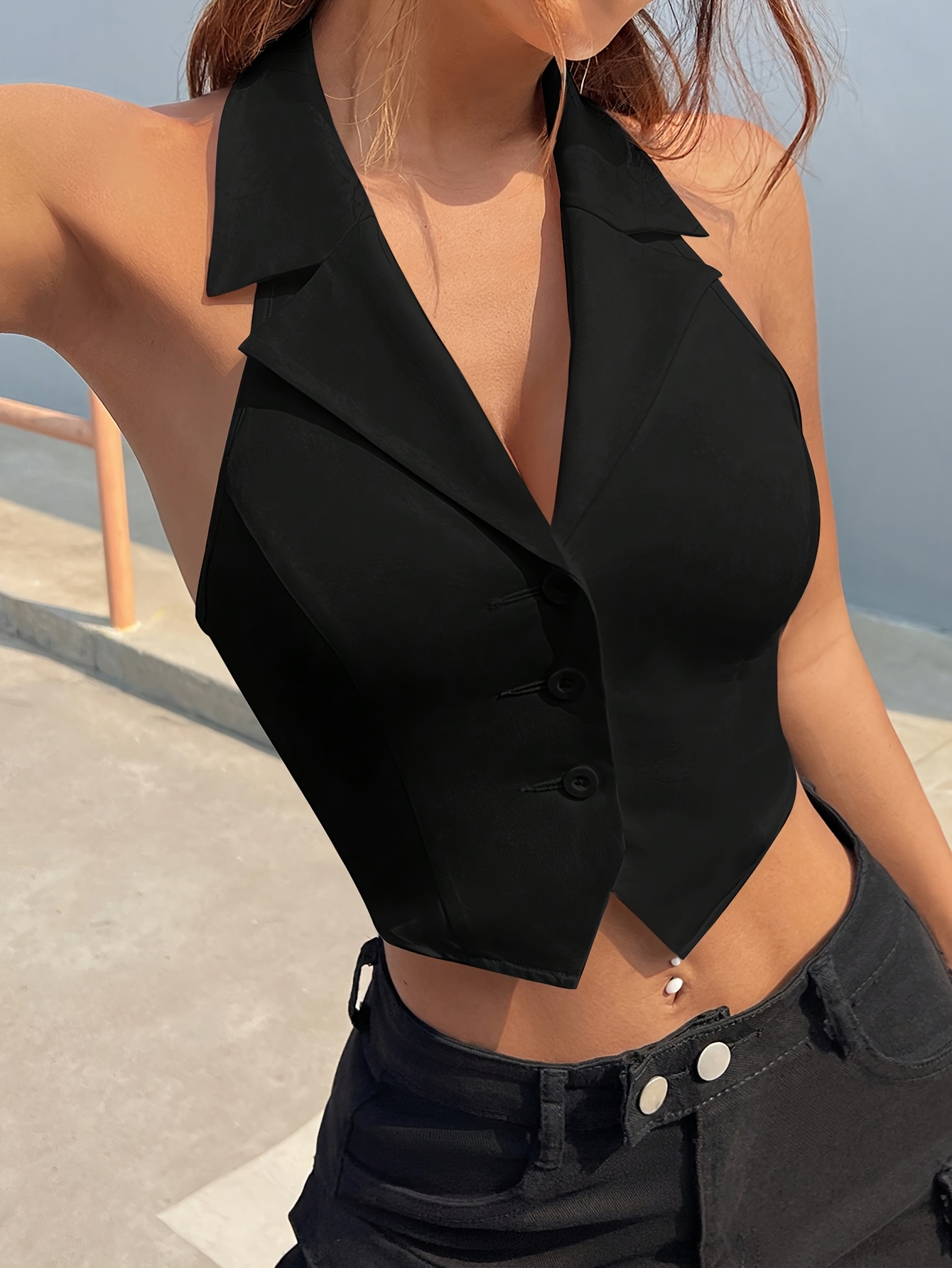 Women'S Stylish Sleeveless Button- Front Backless Blazer - Lightweight Polyester, Asymmetrical Design, Summer Jacket for Casual or Office Wear, Summer Fashion | Asymmetrical Jacket | Polyester Blaze