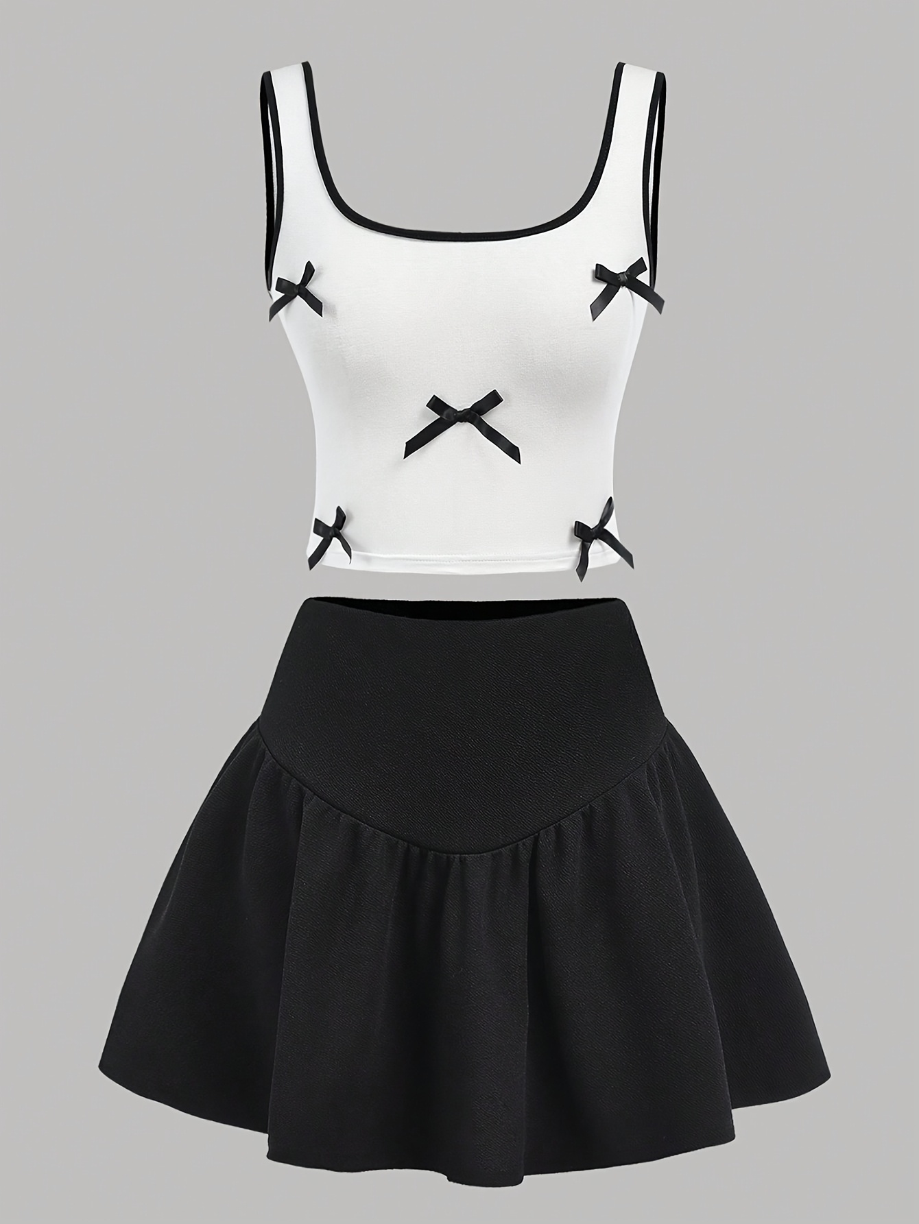 Conjunto de blusa y falda de negros y blancos con detalles de y falda  de línea A con volantes Elegante de vacaciones para fie