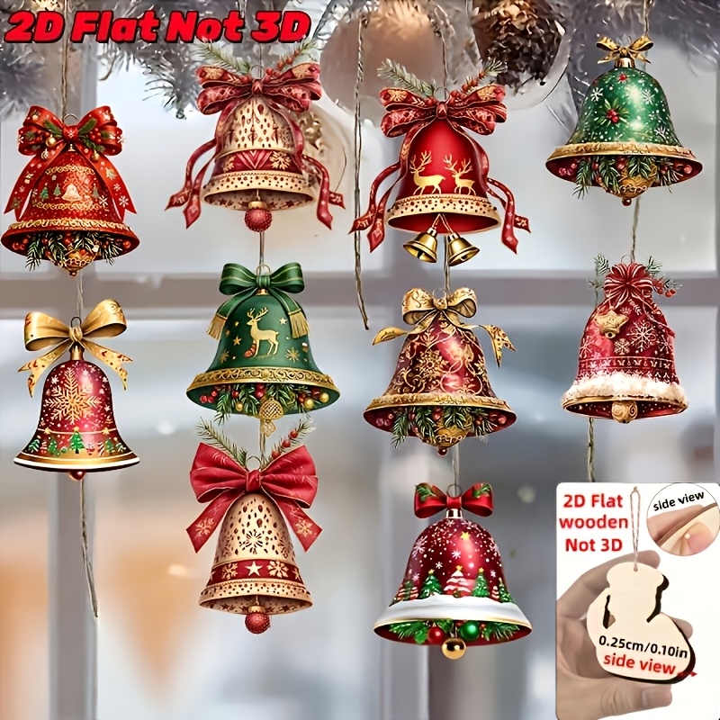 TEMU 2d Flat, 10pcs Christmas Theme 10pcs Christmas Bell Image Design Patterns, Wooden Ornaments Holiday Charms, Handmade Wooden Ornament Set - Gift