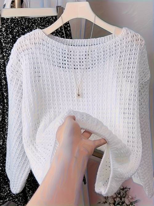 womens elegant lace hollow sweater soft lightweight layering top spring summer and autumn office wear textured autumn wardrobe breathable fabric
