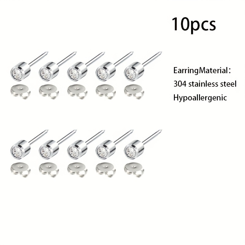 TEMU 10/30pcs Boucles d'Oreilles en Acier Inoxydable de 4mm, avec Incrustation de Strass, Adaptées pour Perçage ou Tenue Décontractée
