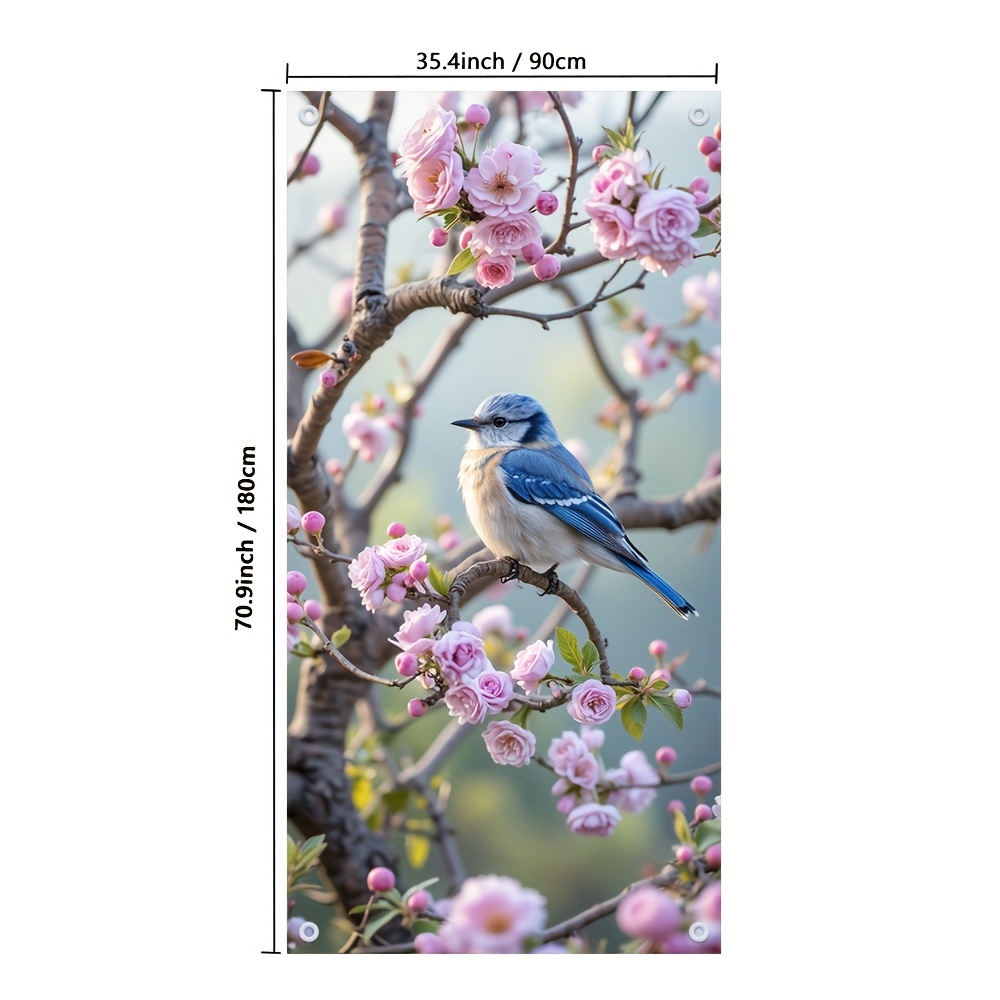 E-shop 2D Türbanner, 1 Stück Vogel auf Blumenast mit Blättern im Frühling, Botanische Türdekoration, Material – Für Alle – Geeignet für die