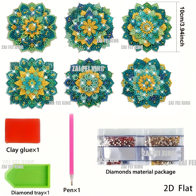 TEMU 6pcs 6pcs Green Mandala Diamond Painting Coaster Kit With Round Diamonds - Diy Suitable For Decor, Non-slip Drink Mats, Handmade Gift For,,